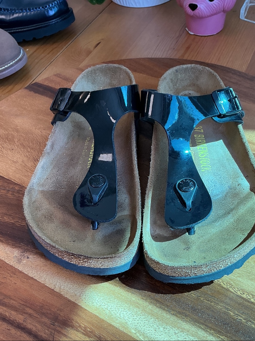 Birkenstock “Gizeh” Black Patent Thong Sandals 37